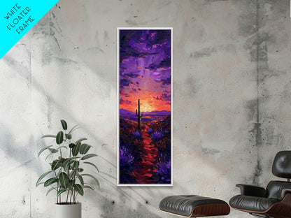 Colorful Sunset Over a Desert Landscape with a Saguaro Cactus and Dramatic Sky on a Framed Canvas Print Skinny Art Piece