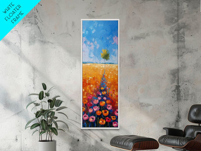 Colorful Wildflowers in a Field with a Lone Tree Under a Bright Blue Sky on a Framed Canvas Print Tall Art Piece