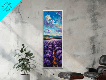 Framed Canvas Print of Wide Lavender Fields Under a Bright Sky Featuring Skinny Tall Art for Stunning Wall Decor in Home or Office