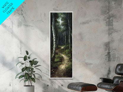 Mysterious Birch Forest Path Tall Skinny Art Framed Canvas Print for Serene and Calming Wall Decor in Homes or Offices