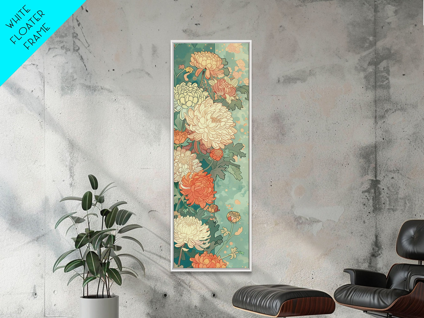 Skinny Art of Chrysanthemums in Soft Pastels with Intricate Petal Design on Framed Canvas Print