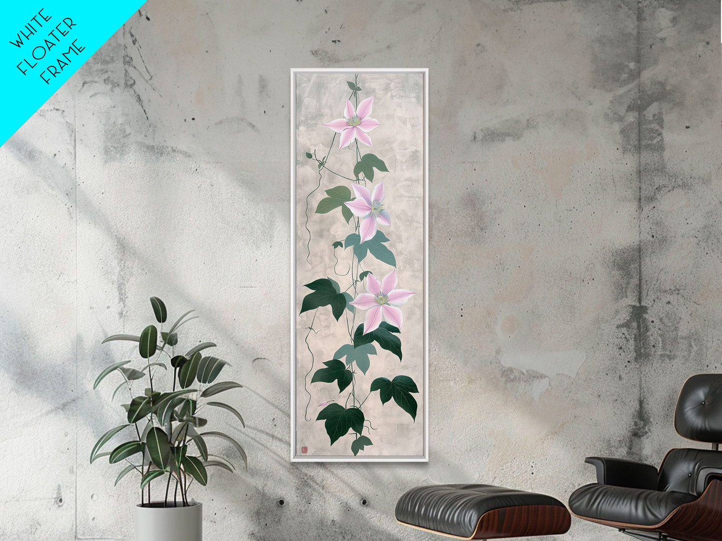 Skinny Art Clematis Vine In Japanese Style Wood Block Print Soft Pink Flowers On Framed Canvas Print, Tall Art Ukiyo-e