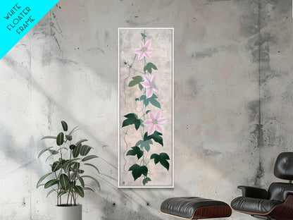 Skinny Art Clematis Vine In Japanese Style Wood Block Print Soft Pink Flowers On Framed Canvas Print, Tall Art Ukiyo-e