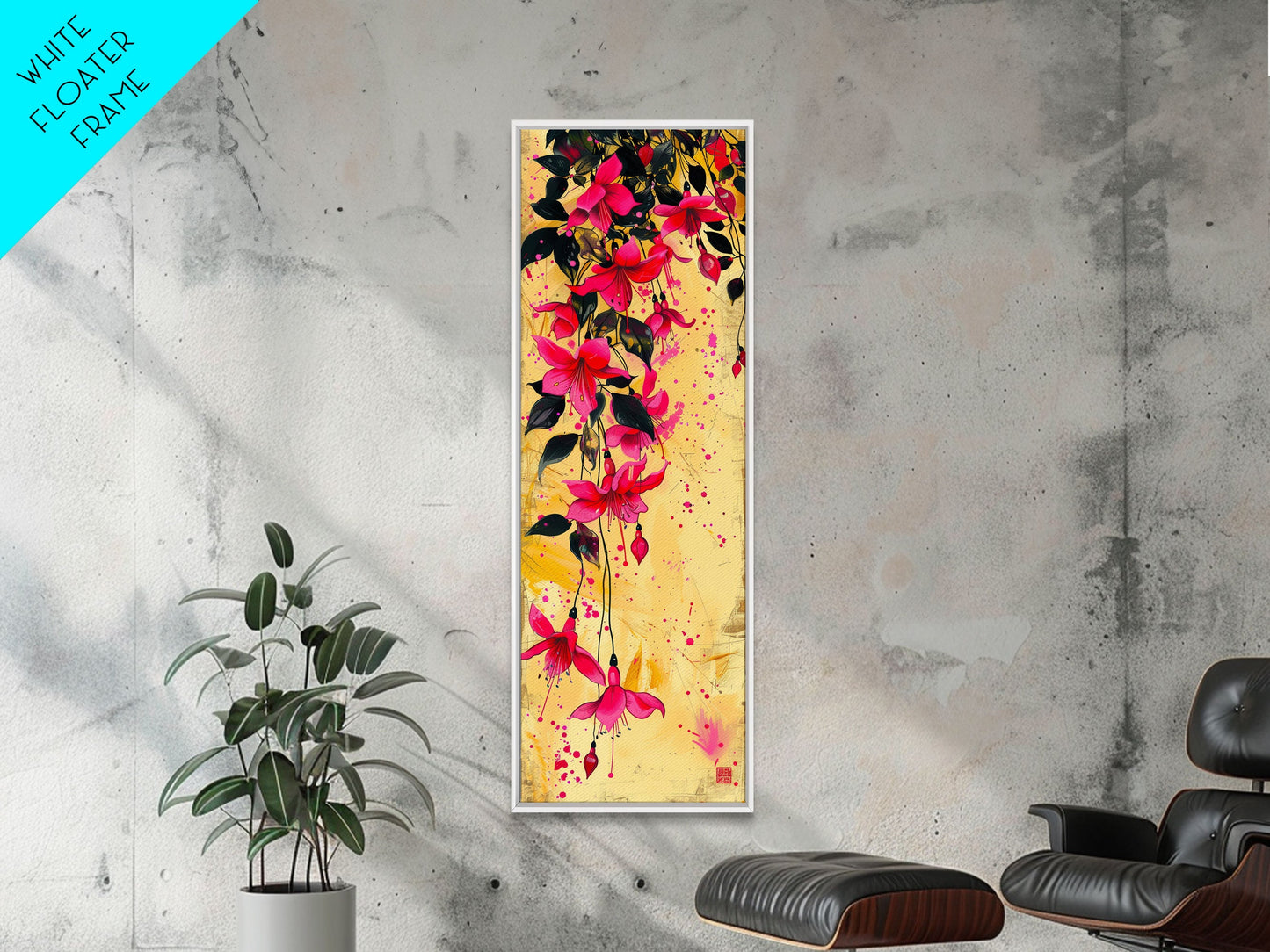 Skinny Art Tall Art Framed Canvas Print Bold Fuchsia Flowers In Dynamic Composition Over A Vibrant Yellow Background Ukiyo-e Japanese Style Art