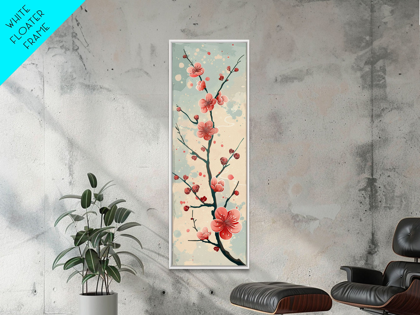 Peach Blossoms On Branch With Soft Pastel Background Tall Art Skinny Art Framed Canvas Print Japanese Style Art Ukiyo-e Wood Block Print