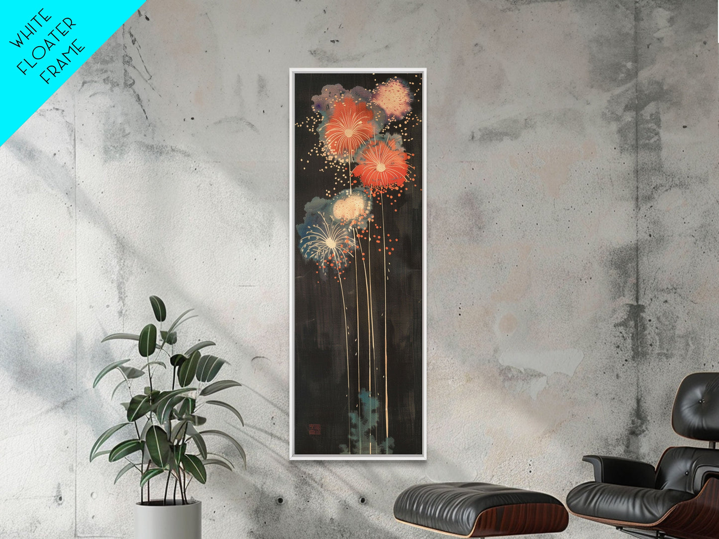Colorful Fireworks Display Against A Dark Night Sky, Skinny Art Tall Wall Art Framed Canvas Print Japanese Style Art