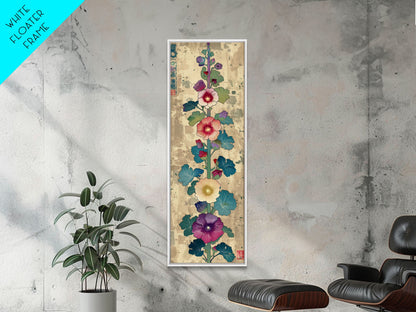 Colorful Hollyhock Flowers Traditional Japanese Woodblock Style Tall Skinny Framed Canvas Print Wall Art