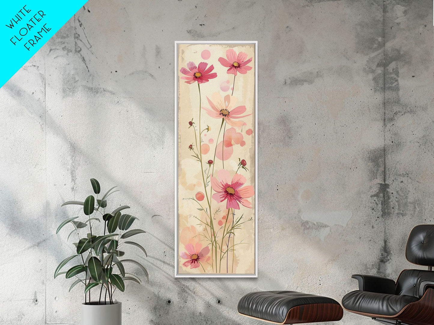Delicate Pink Flowers with Tall Stems on a Subtle Beige Background Ukiyo-e Art Japanese Framed Canvas Print Skinny Tall Art