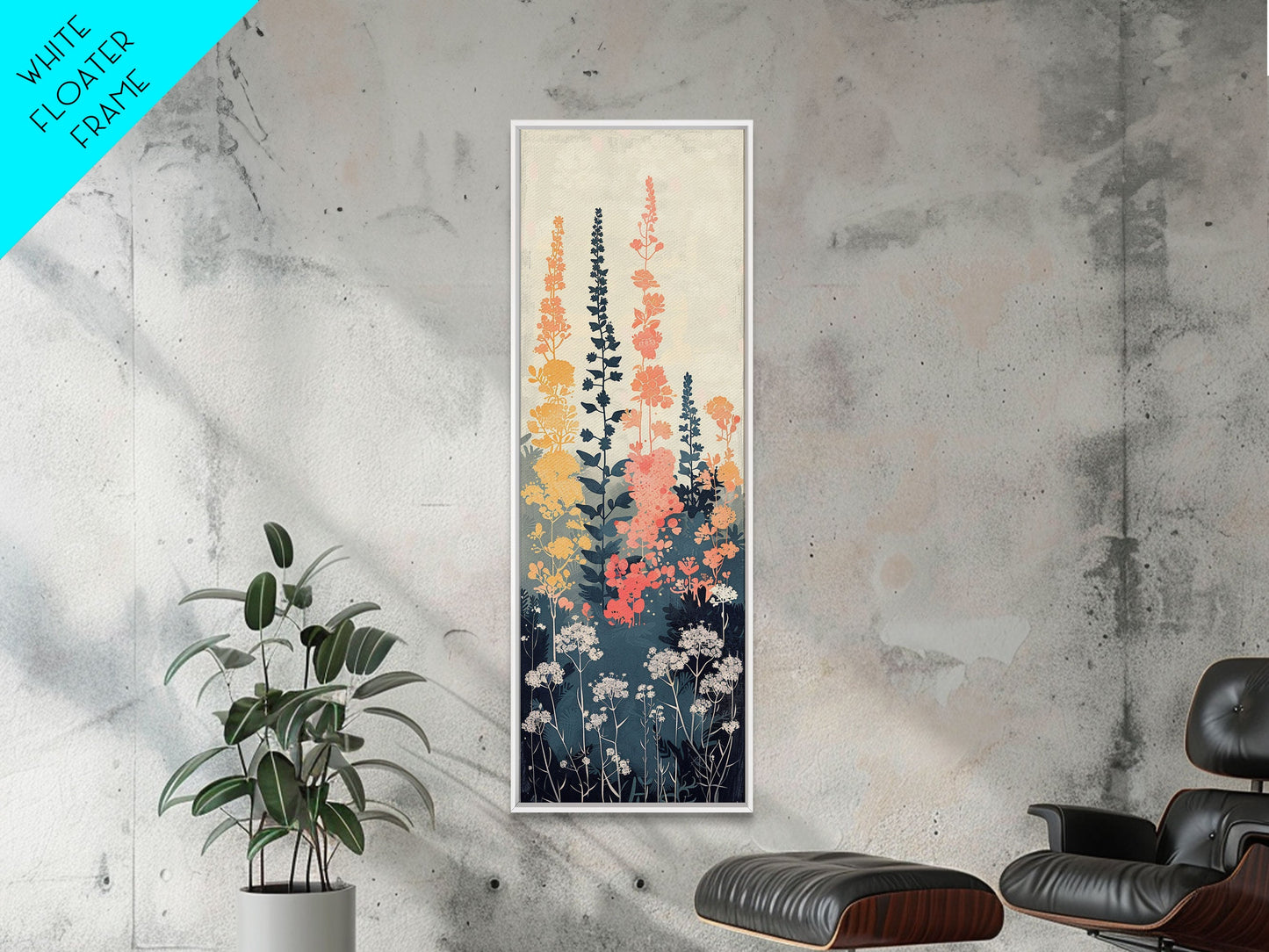 Framed Canvas Print Of Elegant Wildflowers Set Against A Soft Background, Skinny Art, Tall Art, Japanese Style Art, Ukiyo-e Art, Wood Block Print