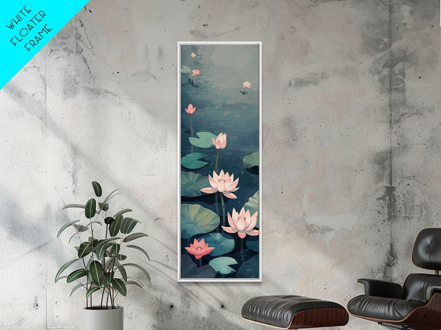 Calm Water Lilies Floating On Still Pond With Subtle Ripples Ukiyo-e Skinny Tall Wood Block Framed Canvas Print Japanese Style Art