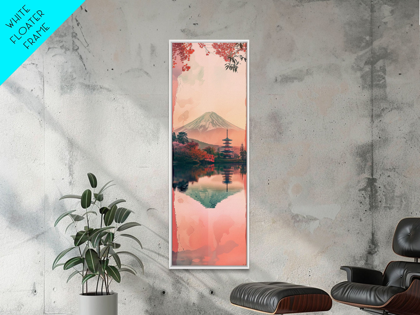 Skinny Art Tall Art Framed Canvas Print Japanese Style Art Mount Fuji Lake Reflection Red Maple Wood Block Print Ukiyo-e Feng Shui Wall Art