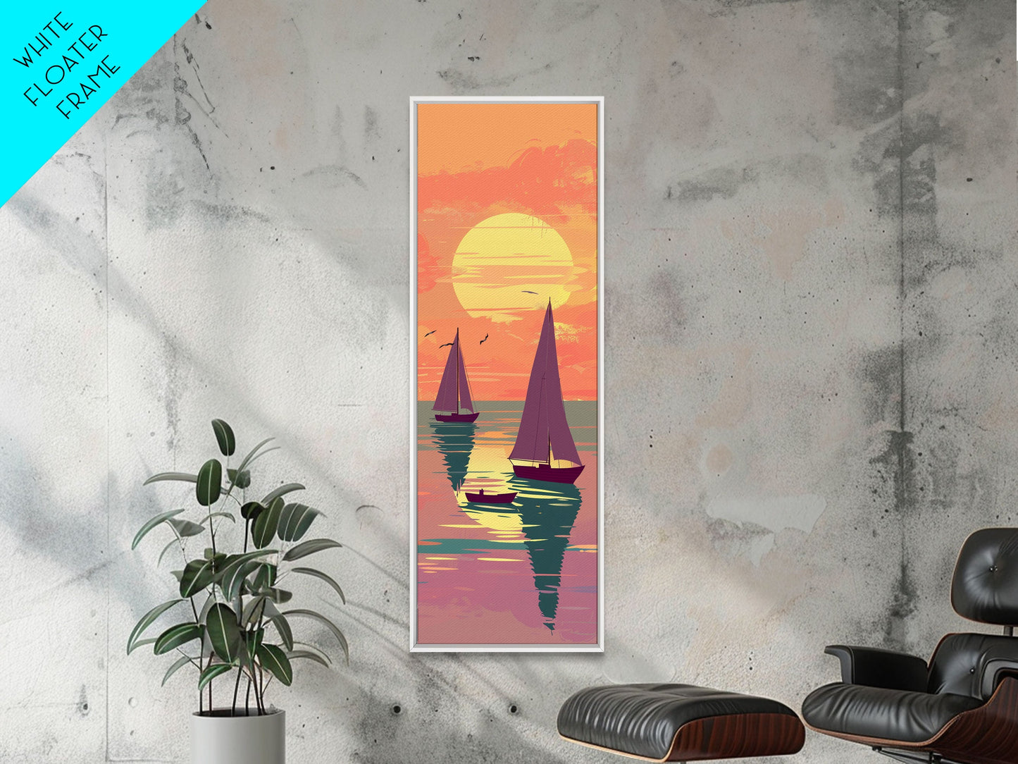 Sailing Boats In The Sunset Over Serene Waters In Japanese Style Ukiyo-e Art Framed Canvas Print Skinny Art Tall Art