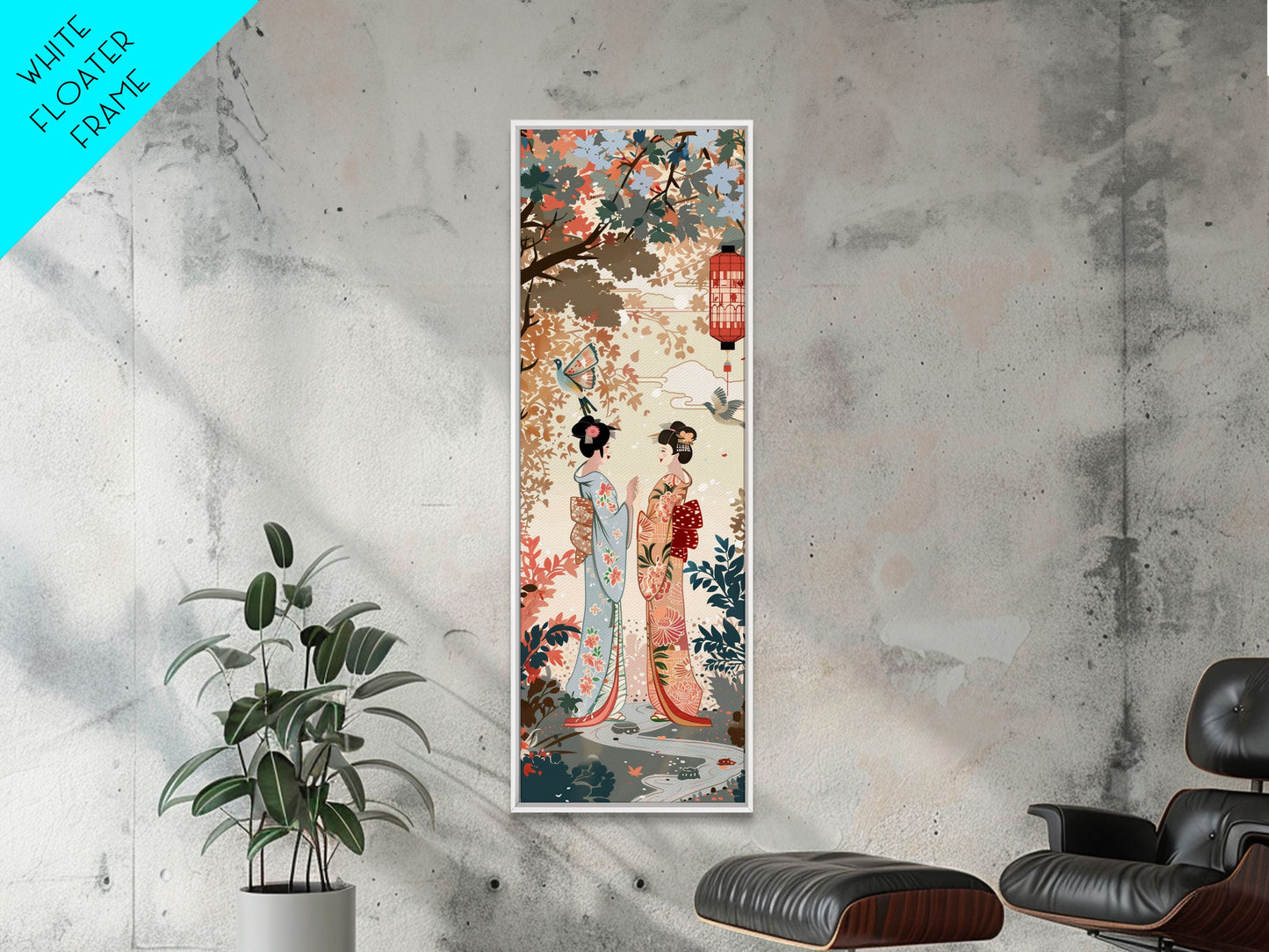 Traditional Geishas Skinny Art Tall Art Japanese Ukiyo-e Inspired Framed Canvas Print for Elegant Home and Office Decor