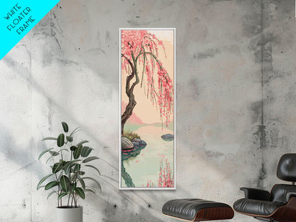 Serene Weeping Cherry Tree with Gentle Reflections in Water - Skinny Art, Japanese Wall Decor, Framed Canvas Print, Ukiyo-e Style