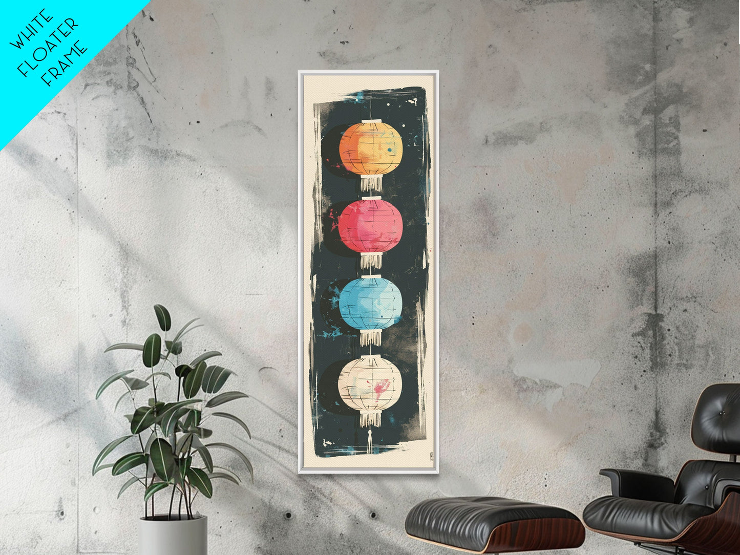 Colorful Lanterns Hanging in a Vertical Row with Abstract Background - Skinny Art, Japanese Wall Decor, Framed Canvas Print, Ukiyo-e Style