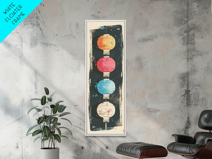 Colorful Lanterns Hanging in a Vertical Row with Abstract Background - Skinny Art, Japanese Wall Decor, Framed Canvas Print, Ukiyo-e Style