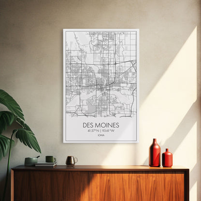 Des Moines Street Map, Iowa Map, City Map Art, Minimalist Art, Wall Art, Canvas Print, Girlfriend Gift, Travel Wall Art, Dorm Room Art