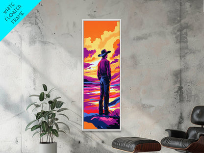 Colorful Sunset Cowboy Art Framed Canvas Print, Southwest Wall Art, Moody Art, Whimsical Art, Pink Orange Wall Art, Tall Narrow Art