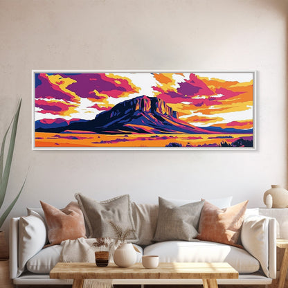 Colorful Desert Landscape, Joshua tree art, southwest wall art, pink orange wall art, extra wide art, panoramic painting, Framed Canvas Print