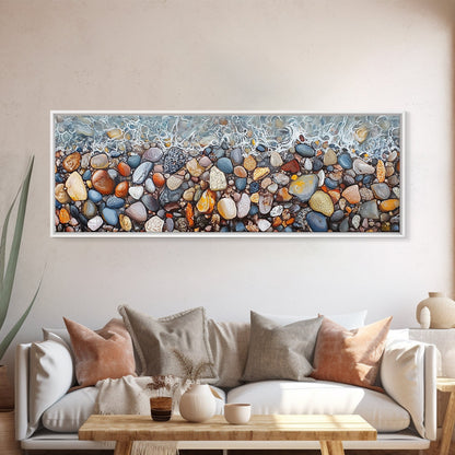 Coastal decor, ocean pebble art, beach rock painting, nautical wall art, seascape painting, long narrow wall art, canvas print
