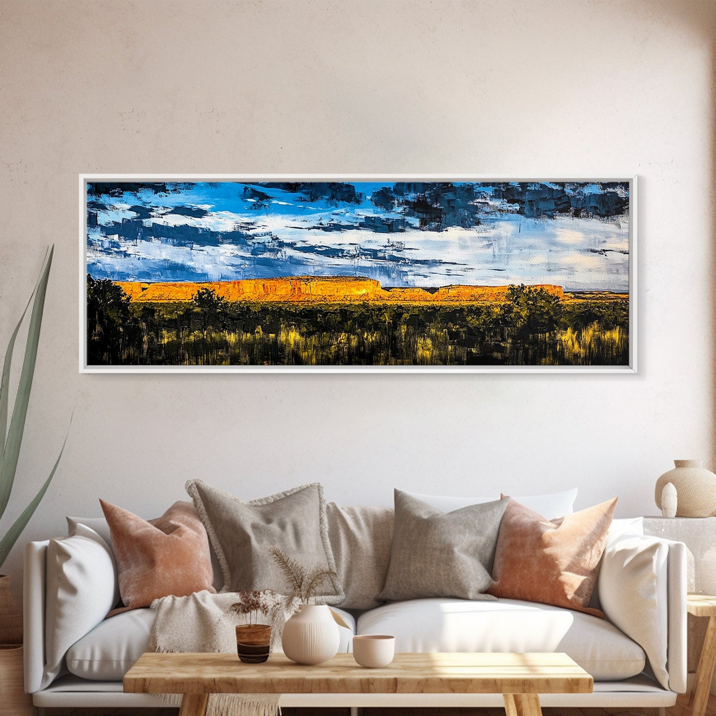 Southwest desert, landscape painting, long narrow wall art, extra wide art, panoramic painting, framed canvas print, rustic decor