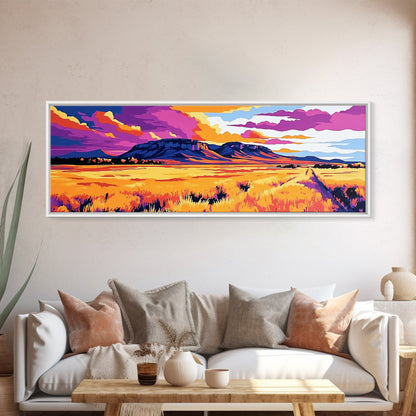 Vibrant mountain, pink orange wall art, Joshua tree art, geometric wall art, panoramic art, framed canvas print, landscape painting