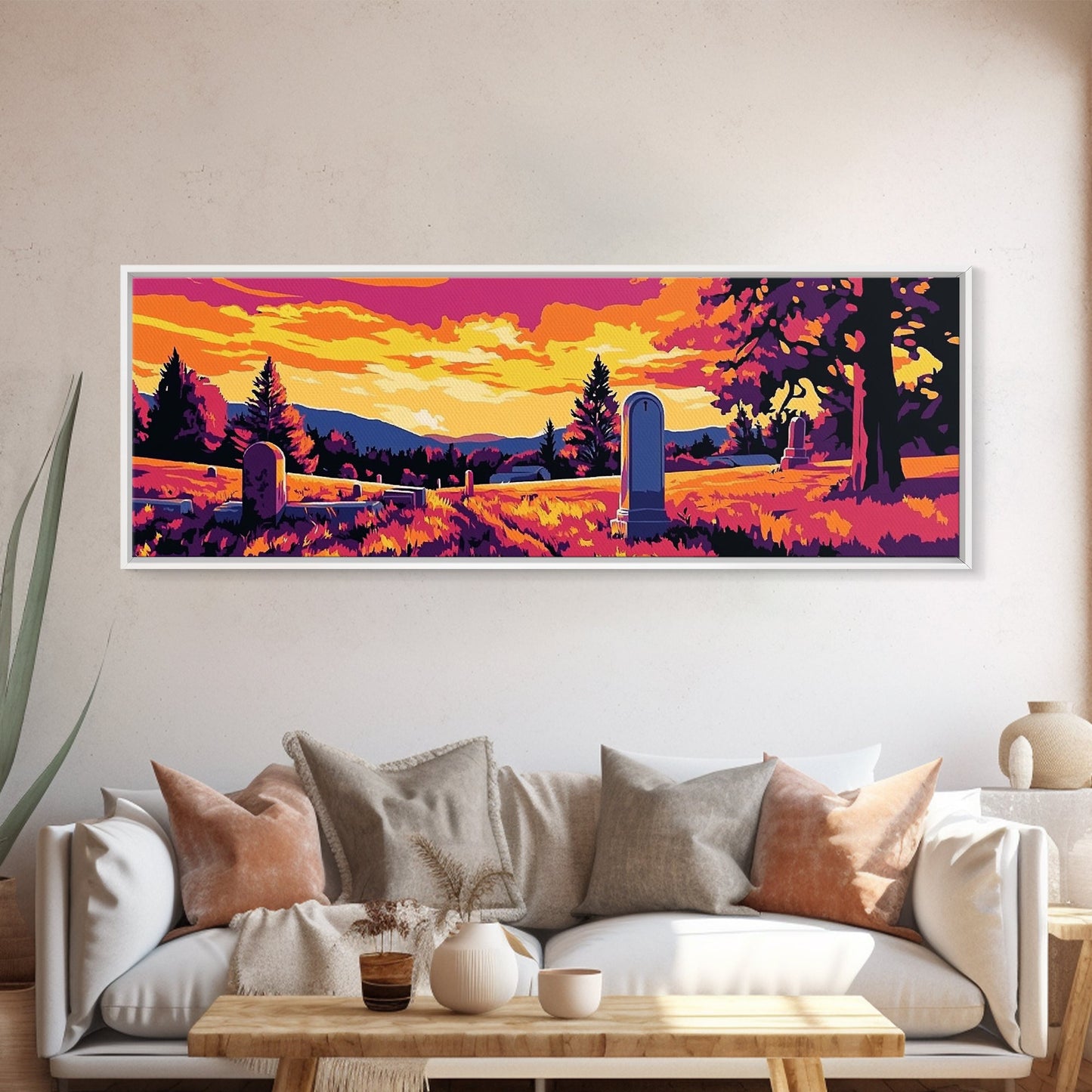 Western Graveyard, cowboy art, gothic painting, southwest wall art, dark angels wall art, extra wide moody art, framed canvas print