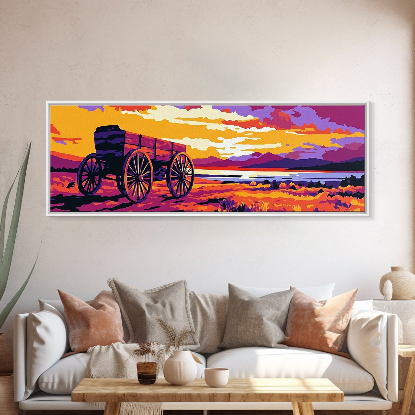 Seaside Wagon, nautical painting, coastal wall art, rustic beach decor, farmhouse art, extra wide panoramic art, framed canvas print