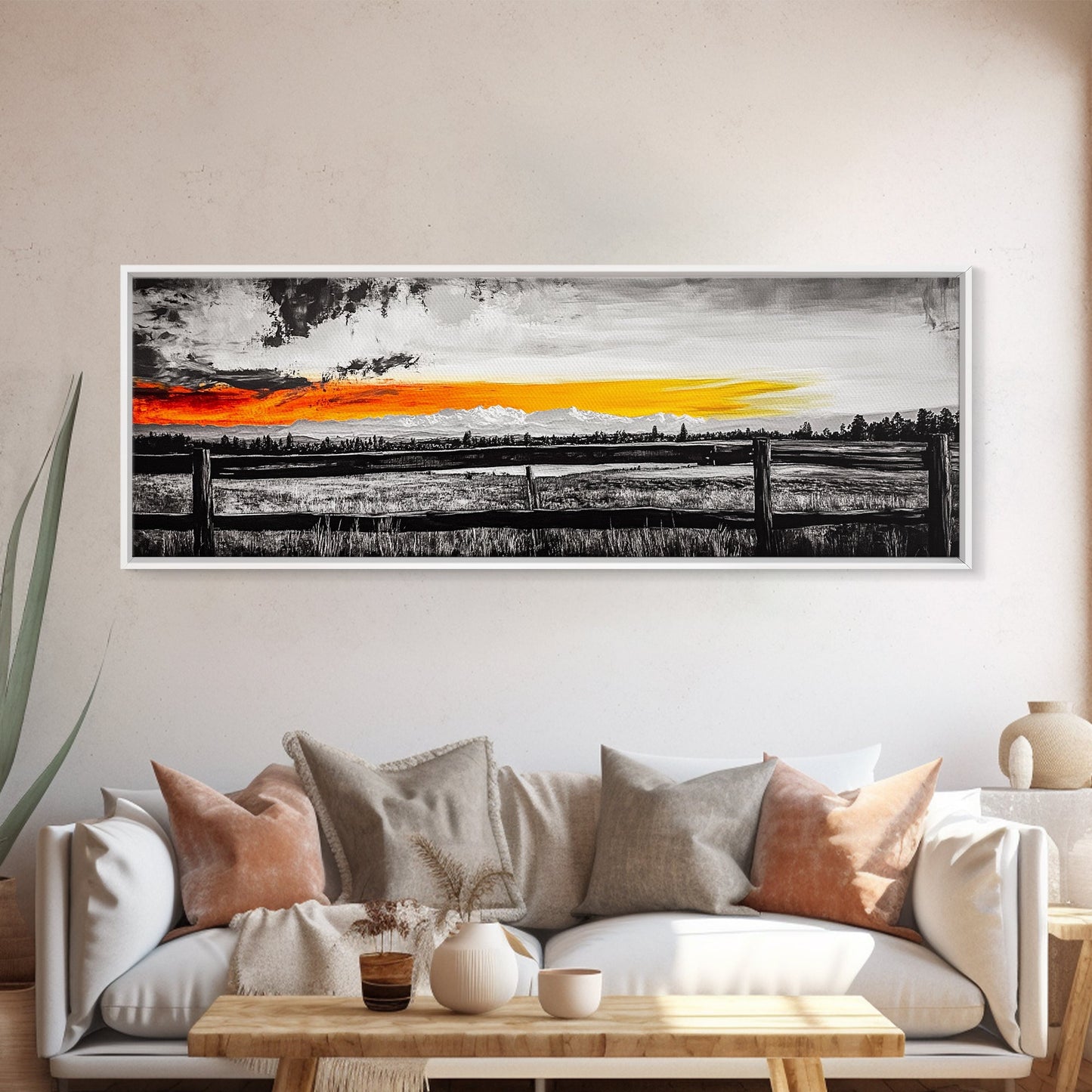 Fence at Sunset, moody landscape art, Joshua tree art, smoky mountain painting, dark romance art, extra wide art, framed canvas print