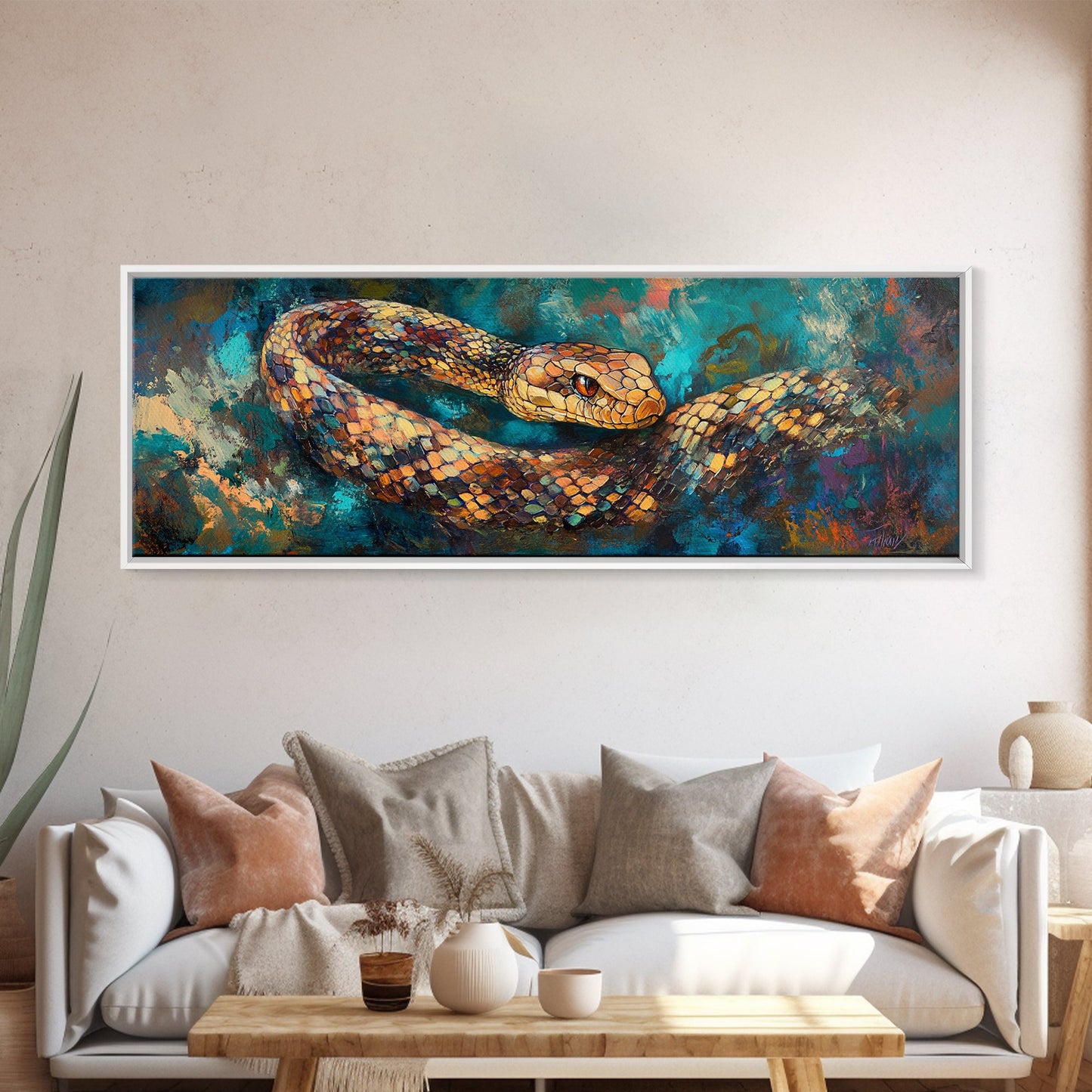 Coiled Serpent, moody art, snake painting, dark romance art, gothic decor, rustic wall art, panoramic wall art, framed canvas print
