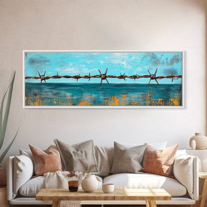 Barbed Wire Ocean, coastal decor, rustic art, farmhouse painting, minimalist painting, extra wide art, framed canvas print, moody art
