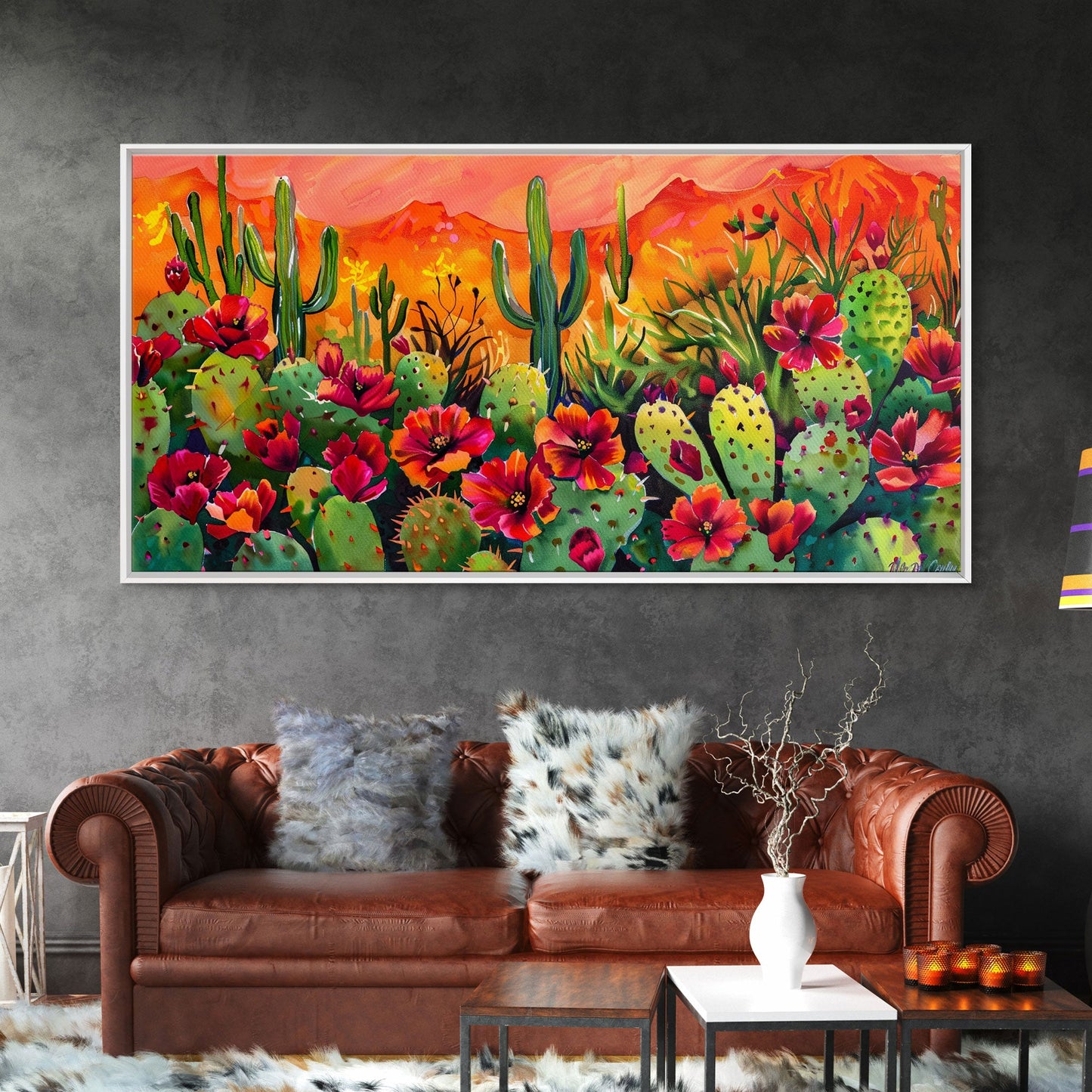 Colorful cactus garden in desert sunset, Framed Canvas Print, perfect for farmhouse living room, bohemian wall art