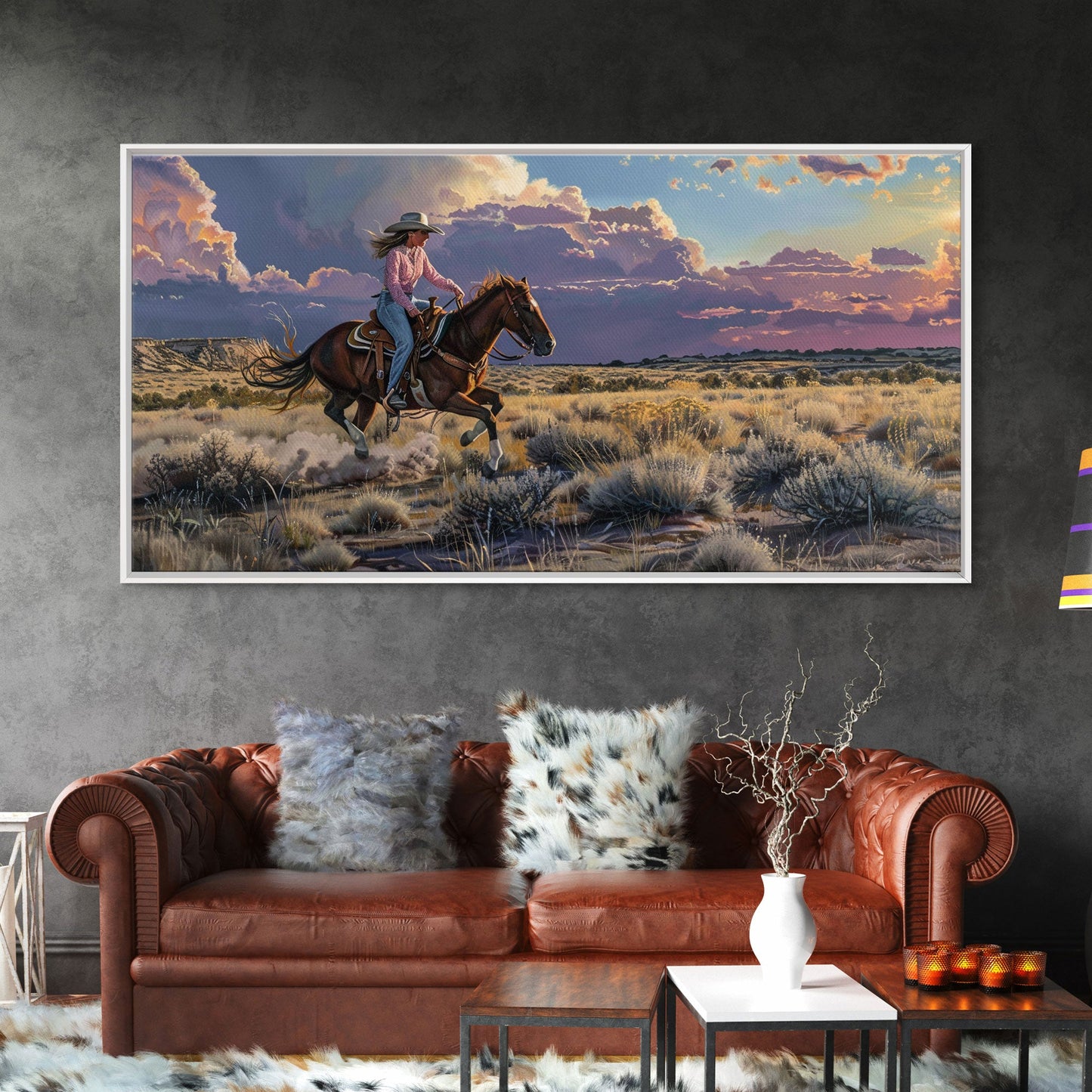 Cowgirl Galloping Across Desert Landscape, Vibrant Framed Canvas Print, Perfect for Living Room Art, Western Bedroom Decor, Desert Wall Art