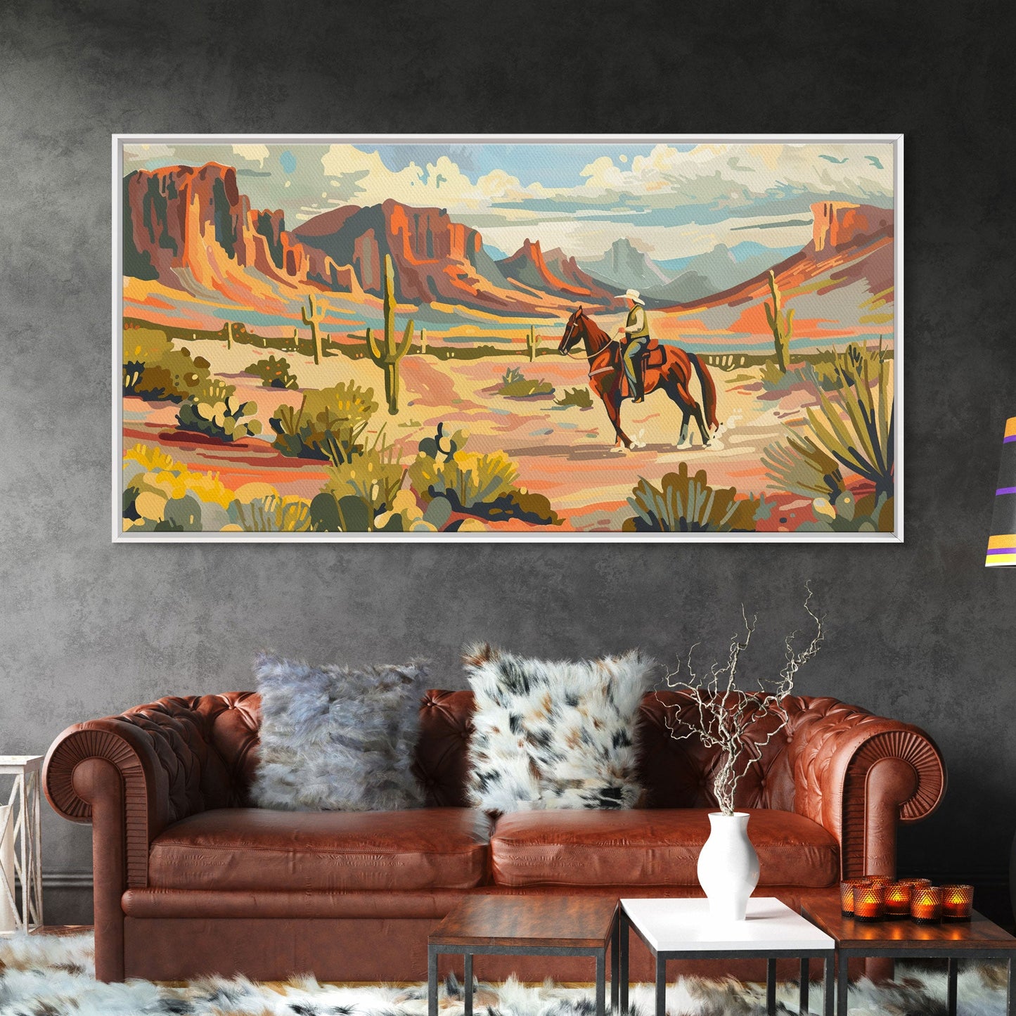 Serene Desert Scene with Cowboy, Ideal for Living Room Art, Framed Canvas Print, Bedroom Decor, Home Decoration, Southwestern Decor