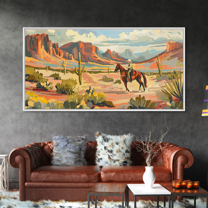 Serene Desert Scene with Cowboy, Ideal for Living Room Art, Framed Canvas Print, Bedroom Decor, Home Decoration, Southwestern Decor