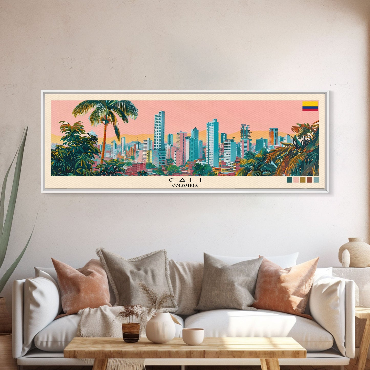 Cali, Colombia Panoramic Canvas Print, Cali, Colombia Painting, Colombia Art, Cali Travel Poster, Travel Art, Vacation Gift