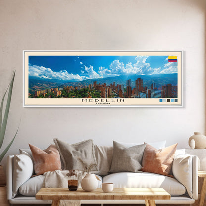 Medellin, Colombia Panoramic Canvas Print, Medellin, Colombia Painting, Colombia Art, Medellin Travel Poster, Travel Art, Vacation Gift