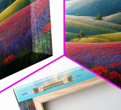 Colorful rolling hills, flower fields, landscape art,  3 piece wall art, 3 piece canvas, cool centerpiece living room wall art