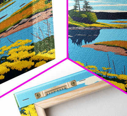 Colorful Pop Art Picture of a Stream, Framed Canvas Print, Surrealist High Contrast Cel Shaded Landscape Art