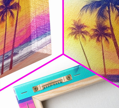 Colorful sunset Wall art, Framed Canvas Print, Synthwave Style, Guest room art, Pop Art Style, Watercolors, Beautiful art, Tropical Art
