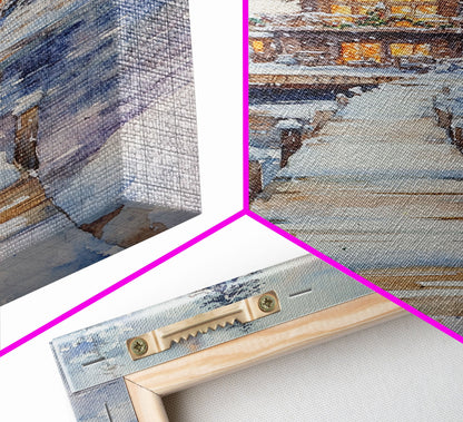 Christmas At The Lake, Framed Canvas Print, Wood Frame Lake House Decor, Winter Lakehouse Art