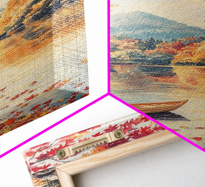 Canoe On A Serene Fall Lake, Framed Canvas Print, Autumn Decor, Fall Wall Art, Fall Poster, Autumn Prints Wall Art