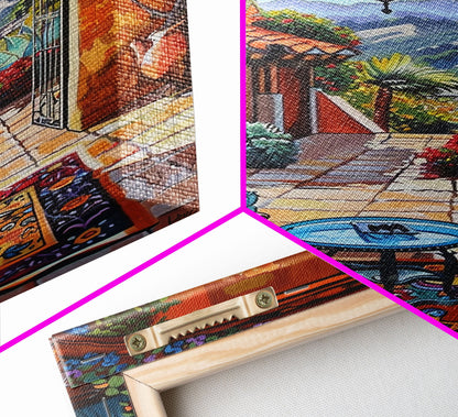 Cozy Southwestern Patio Framed Canvas Print Colorful Courtyard Best Gift Idea Home Decor Bright Seasonal Art Above Sofa Wall Art