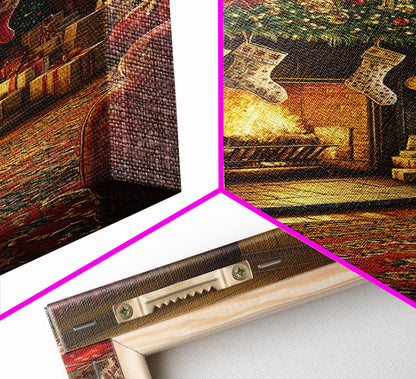 Cozy Christmas Mantle Decor Framed Canvas Print With Stockings Hanging And Presents By The Fire, Seasonal Holiday Wall Art Farmhouse Style