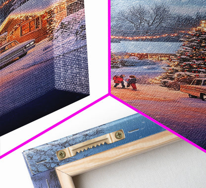 Classic Winter Christmas Neighborhood Framed Canvas Print Tall Art With Lights And Christmas Tree, Holiday Wall Art Home Decor