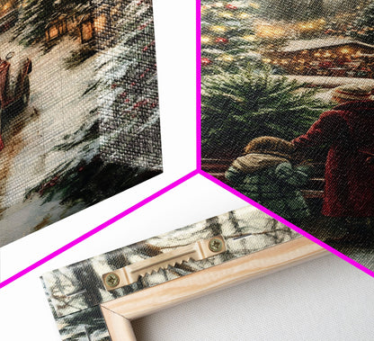 Rustic Christmas Tree Farm with Red Truck in Snowy Forest, Ideal Farmhouse Christmas Decor for Holiday Wall Art, Framed Canvas Print