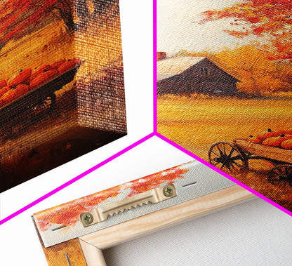 Pumpkin Cart In Fall Field Framed Canvas Print Rustic Autumn Country Farmhouse Decor Perfect Seasonal Art For Farmhouse Christmas Wall Art