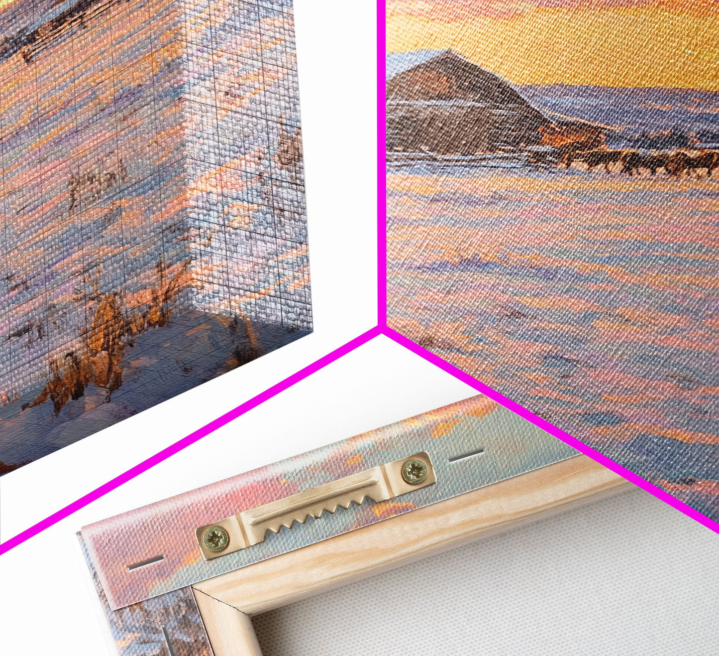 Sunset Over Snowy Ranch Framed Canvas Print Winter Wonderland Scene With Cabin In Snow Christmas Home Decor And Winter Landscape Art