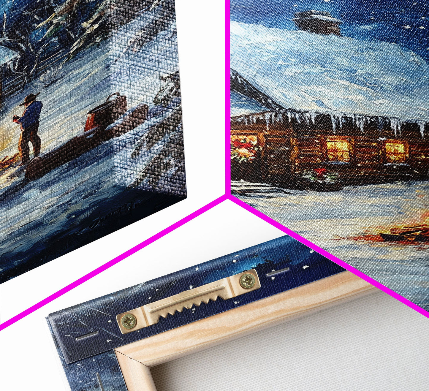 Cowboy Christmas by the Fire Framed Canvas Print, Western Holiday Decor with Snowy Cabin, Cozy Art Perfect for Rustic Christmas Winter Decor