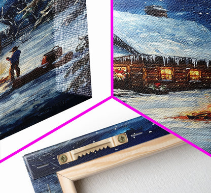 Cowboy Christmas by the Fire Framed Canvas Print, Western Holiday Decor with Snowy Cabin, Cozy Art Perfect for Rustic Christmas Winter Decor